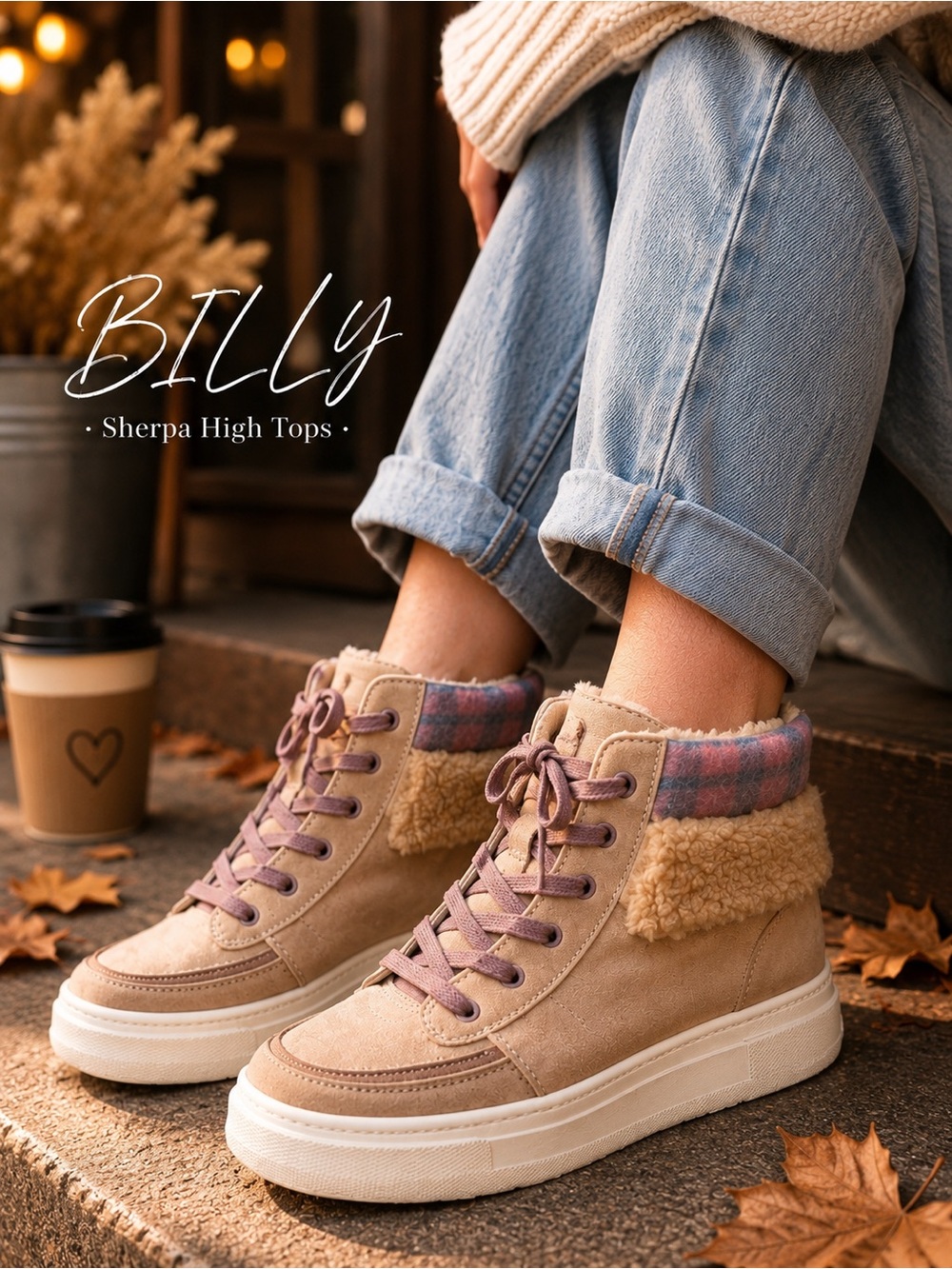 BILLY Sherpa High Top Sneakers Kids 6 EU 38 Beige Mauve Cozy Fall Shoes
